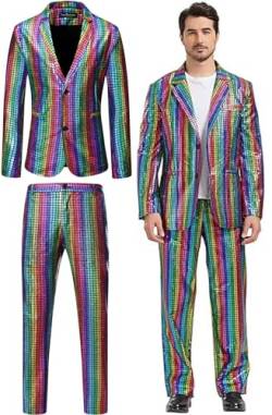 iksya Herren 2 Teilige Disco Blazer - 70er 80er Glänzende Jacke und Hose Metallic Paillettenanzüge Discokugel Party Karneval Kustüm Hochzeit Glänzender Anzug (Color : Rainbow, Size : M) von iksya