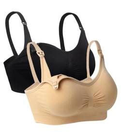 iloveSIA 2X Damen Umstands Breast Feeding Ohne Bügel Still BH mit Schalen Schwarz+Ekrü,XL 85BC von iloveSIA