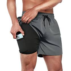 ineepor Badehose Herren Kurz Herren Badehose 2 in 1 Badeshorts Herren mit Kompressionsliner Board Shorts Schnelltrocknend,Grey,S von ineepor