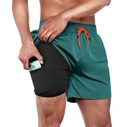 ineepor Badehose Herren mit Kompression Badehose mit innenhose Board Shorts 2 in 1 Reißverschlusstasche kurz Badehose,Blau,3XL von ineepor