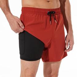 ineepor Badehose Herren mit Kompression Badehose mit innenhose Board Shorts 2 in 1 Reißverschlusstasche kurz Badehose,Braun,L von ineepor