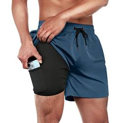 ineepor Badehose Herren mit Kompression Badehose mit innenhose Board Shorts 2 in 1 Reißverschlusstasche kurz Badehose,Copenblau,XXS von ineepor