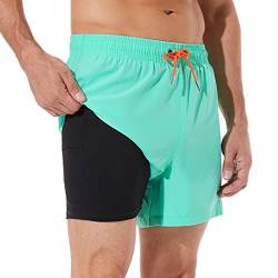 ineepor Badehose Herren mit Kompression Badehose mit innenhose Board Shorts 2 in 1 Reißverschlusstasche kurz Badehose,Gras-grün,L von ineepor