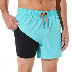 ineepor Badehose Herren mit Kompression Badehose mit innenhose Board Shorts 2 in 1 Reißverschlusstasche kurz Badehose,Hellblau,L von ineepor