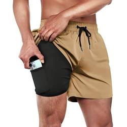 ineepor Badehose Herren mit Kompression Badehose mit innenhose Board Shorts 2 in 1 Reißverschlusstasche kurz Badehose,Khaki,S von ineepor