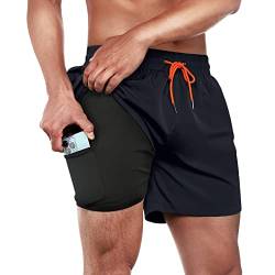 ineepor Badehose Herren mit Kompression Badehose mit innenhose Board Shorts 2 in 1 Reißverschlusstasche kurz Badehose,Navyblau,S von ineepor