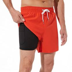 ineepor Badehose Herren mit Kompression Badehose mit innenhose Board Shorts 2 in 1 Reißverschlusstasche kurz Badehose,Orange,S von ineepor