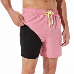 ineepor Badehose Herren mit Kompression Badehose mit innenhose Board Shorts 2 in 1 Reißverschlusstasche kurz Badehose,Rosa,S von ineepor