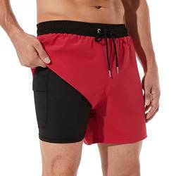 ineepor Badehose Herren mit Kompression Badehose mit innenhose Board Shorts 2 in 1 Reißverschlusstasche kurz Badehose,Rot,XS von ineepor