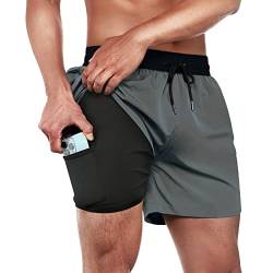 ineepor Badehose Herren mit Kompression Badehose mit innenhose Board Shorts 2 in 1 Reißverschlusstasche kurz Badehose,Schwarz&grau,XS von ineepor