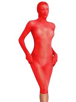 inhzoy Damen Durchsichtige Bodystockings Glossy Nylon Kleid Mit Zentai Kopfmaske Handschuhe Stretch Ganzkörper Strumpfhose Kostüm A_Rot Einheitsgröße von inhzoy