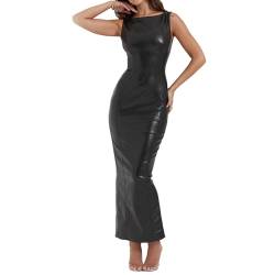 inhzoy Damen Leder Kleider Lang Eng Ärmelloses PU Leder Etuikleid Maxikleid Sexy Elegant Partykleid Cocktailkleid Abendkleid Business Kleid Bodycon Schwarz L von inhzoy