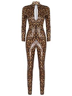 inhzoy Damen Leopard Muster Overall Lackleder Catsuit Jumpsuit Body mit Reißverschluss Einteiler Strampler Tanz Party Clubwear Braun L von inhzoy