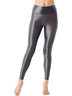 inhzoy Damen ölige Glänzende Leggings Sexy Hochglanz Strumpfhose Stretch Glatte Sportleggins Fitness Gym Jogginghose A_Dunkelgrau L von inhzoy