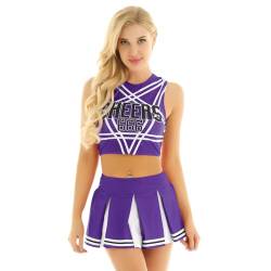 inhzoy Frauen Cheerleading Cheer Leader Uniform Set Crop Top Rückenfrei Unterhemd kurzer Faltenrock Minirock Tanz Karneval Fasching Party Halloween Kostüm Typ A_Lila L von inhzoy