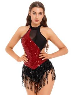 inhzoy Frauen Latein Salsa Tanzkleid Glitzer Gymnastik Turntrikot Pailletten Quaste Flapper Tanz Trikot Ballett Leotard Lateinische Ballsaal Tanzkleidung Burgundy_F M von inhzoy