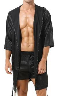 inhzoy Herren Satin Morgenmantel mit Hose Leichter Bademantel Kimono Robe Kurze Hose Set Nachtwäsche Homewear Schwarz_B M von inhzoy