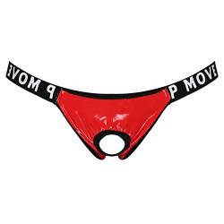 inhzoy Herren Wetlook Strings Tanga Ouvert Jockstrap mit Metall O-Ring Männer Sexy Lack Leder Unterwäsche Rot B L von inhzoy