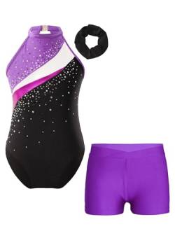 inhzoy Kinder Gymnastikanzug Mädchen Turnanzug Mit Shorts Glitzer Strass Tanz Ballettbody Gymnastik Shorts Set Wettkampf Tanzkostüm Violett_C 110-116 von inhzoy