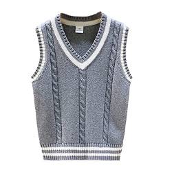 inhzoy Kinder Jungen Mädchen Strickweste V-Ausschnitt Ärmellos Pullunder Strickpullover Häkelweste Vintage Preppy Style Knit Sweater A_Grau 122-128/7-8 Jahre von inhzoy