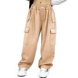 inhzoy Kinder Mädchen Cargohose Kordelzug Jogginghose Trainingshose Mit Taschen Hip Hop Streetdance Tanzhose Streetwear Loungepants Neu-D-Khaki 122-128 von inhzoy