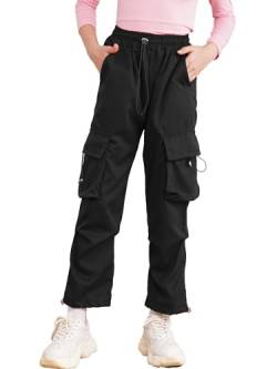 inhzoy Kinder Mädchen Cargohose Kordelzug Jogginghose Trainingshose Mit Taschen Hip Hop Streetdance Tanzhose Streetwear Loungepants Neu-E-Schwarz 164-170 von inhzoy