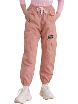 inhzoy Kinder Mädchen Cargohose Kordelzug Jogginghose Trainingshose Mit Taschen Hip Hop Streetdance Tanzhose Streetwear Loungepants Rosa 122-128 von inhzoy