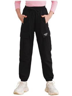 inhzoy Kinder Mädchen Cargohose Kordelzug Jogginghose Trainingshose Mit Taschen Hip Hop Streetdance Tanzhose Streetwear Loungepants Schwarz 122-128 von inhzoy