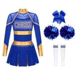 inhzoy Kinder Mädchen Cheerleading Uniform Cheer Leaderin Kleid Cheerleading Pompons Socken Fasching Faschnacht Party Tanzkleidung Blau_C 134-140 von inhzoy