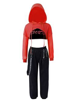 inhzoy Kinder Mädchen Hip Hop Street Dance Kleidung Hooded Crop Top Sport BH Unterhemd Jogger Cargohose Set Tanzanzug Sportswear Rot 128/8 Jahre von inhzoy