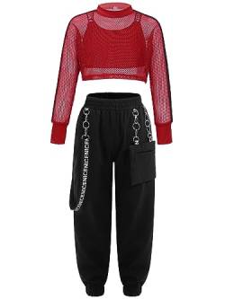 inhzoy Kinder Mädchen Hip Hop Street Dance Kleidung Hooded Crop Top Sport BH Unterhemd Jogger Cargohose Set Tanzanzug Sportswear Rot_H 134-140 von inhzoy