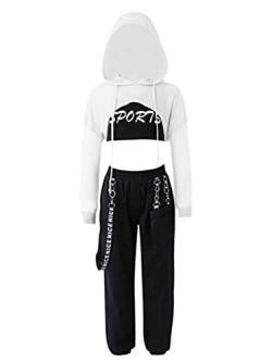 inhzoy Kinder Mädchen Hip Hop Street Dance Kleidung Hooded Crop Top Sport BH Unterhemd Jogger Cargohose Set Tanzanzug Sportswear Weiß 140/10 Jahre von inhzoy