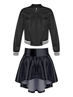 inhzoy Kinder Mädchen Shiny Tanz Outfit Metallic Sweatjacke Bomberjacke Tennis Skaterrock Faschingkostüm Show Moderne Dancewear Schwarz 158-164/13-14 Jahre von inhzoy