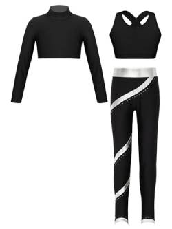 inhzoy Kinder Mädchen Trainingsanzug Sport Outfit Mädchen Sport BH Und Leggings Set Mit Crop Top Yoga Tanzkleidung Hip Hop Kleidung Schwarz&Silber_A 146-152 von inhzoy