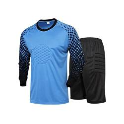 inhzoy Kinder Torwartset Torwarttrikot Set für Jungen Fußball Trikots Gepolstert T-Shirt Shorts Kurze Protektorenhose Traningsset A_Blau 128-134/8-9 Jahre von inhzoy