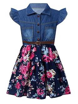 inhzoy Kleinkind Baby Mädchen Denim Kleid Ärmelloses Rüschen Jeanskleid Blumen Prinzessin Kleid Casual Partykleider Outfit Navy Blau C 104-110 von inhzoy