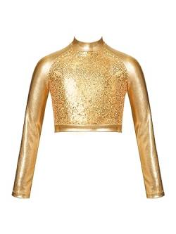 inhzoy Mädchen Sport Top Bauchfrei Langarm Halb-Durchsichtig Crop Top T-Shirt Oberteile Langarmshirt Bluse für Ballett Tanz Gymnastik Gold_E 110-116 von inhzoy