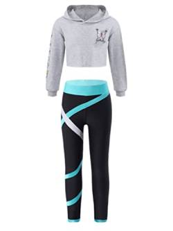 inhzoy Mädchen Sportbekleidung Set Kinder Jogging Trainingsanzug Crop Top Kapuzenpullover Tights Cargo Hose Hip hop Jazz Streetdance Outfit Tanzanzug A_Grau&Grün 146-152/11-12 Jahre von inhzoy