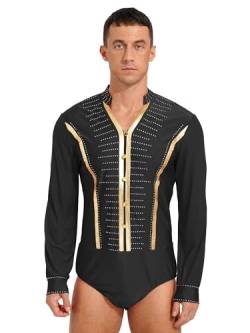 inhzoy Männer Bodysuit Langarm Glänzend Strass Hemd Body MIt V-Ausschnitt Latin Modern Dance Shirt Wettbewerb Performance Tanzkostüm Schwarz_D L von inhzoy