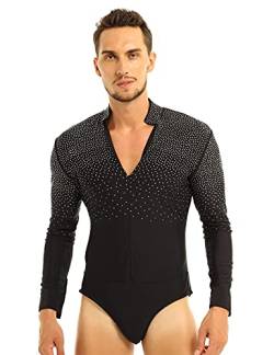 inhzoy Männer Bodysuit Langarm Glänzend Strass Hemd Body MIt V-Ausschnitt Latin Modern Dance Shirt Wettbewerb Performance Tanzkostüm Schwarz Large von inhzoy