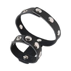 inhzoy Männer Echt Leder 2-Ring Penisring Cockring Einstellbar Penis Ringe mit Druckknöpfe Fetisch Penisring Sexspielzeug Schwarz One Size von inhzoy