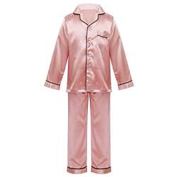 inlzdz 2 Stück Unisex Kinder Satin Pyjama Set Langarm Nachtwäsche Lässig Langarmshirts Nachthemd Pyjamahose Schlafoverall Freizeitkleidung Rosa 134-140 von inlzdz