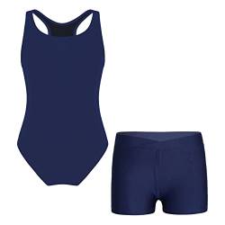 inlzdz 2tlg. Mädchen Sportlich Badeanzug Schwimmanzug ärmellos Bodysuit Schwimmen Overall mit Shorts Kurze Badehose Bikini Tankini Badebekleidung Dunkelblau 146-152 von inlzdz