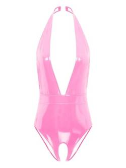 inlzdz Damen Dessous Ouvert-Body Wetlook Lack Leder Bodysuit Tief V-Ausschnitt Stringbody mit Offen Schritt Teddy Body Erotische Nachtwäsche Reizwäsche S Rosa M von inlzdz