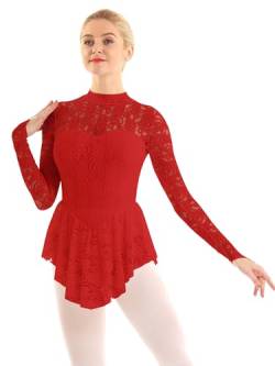 inlzdz Damen Eiskunstlauf Kleid Langarm Spitze Rollschuhkleid Tanzkleid Ballett Trikot Ballettkleid Frauen Ballettanzug Sportbody Wettbewerb Tanz Kostüm Rot X-Small von inlzdz