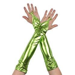 inlzdz Damen Glänzend Handschuhe Metallic Fingerlose Lange Handschuhe Wetlook Lederhandschuhe Tanz Party Clubwear Kostüm (16 Farben) Leuchtendes Grün B One Size von inlzdz