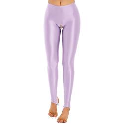 inlzdz Damen Glossy Leggings Ouvert-Strumpfhose Jeggings Offen Schritt Strümpfe Ouvert-Pantyhose Sexy Unterwäsche Erotik Dessous Reizwäsche C Helllila L von inlzdz