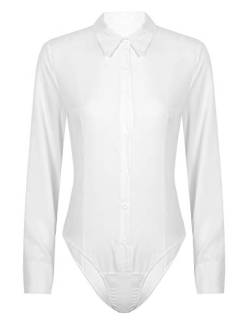inlzdz Damen Langarm Hemd Body Einteiler Bodybluse mit Kragen Elegant Hemdbluse Business Casual Tops T-Shirts Stringbody Unterwäsche Weiß XL von inlzdz