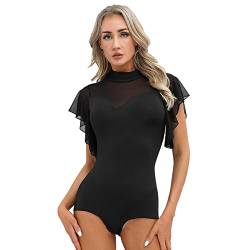 inlzdz Damen Latin Leotards Cha-Cha Runmba Bodysuit Tanzbody Rüschen Kurzarm Trikotanzug Gymnastikbody Tanztrikot Bballettanzug Dancewear Schwarz XXL von inlzdz