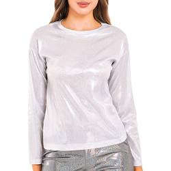 inlzdz Damen Metallic Langarmshirt Glänzend Bluse T-Shirt Rundhals Tee Tops Langarm Pullover Glitzer Oberteile Tunika Elegant Party Clubwear Silber M von inlzdz